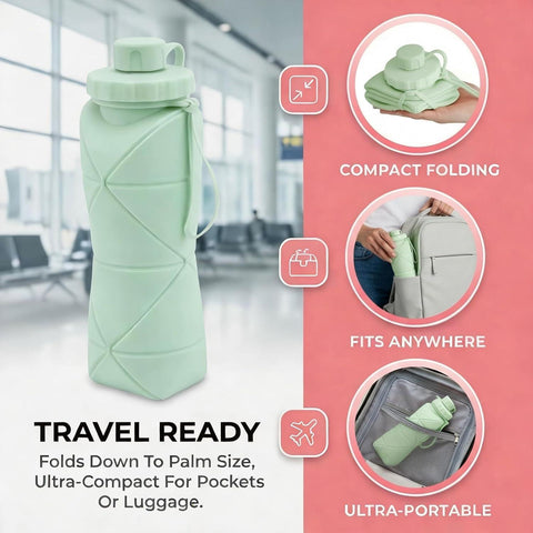 Collapsible Silicone Water Bottle 600ml Foldable Leak Proof Travel Sports Water Bottle